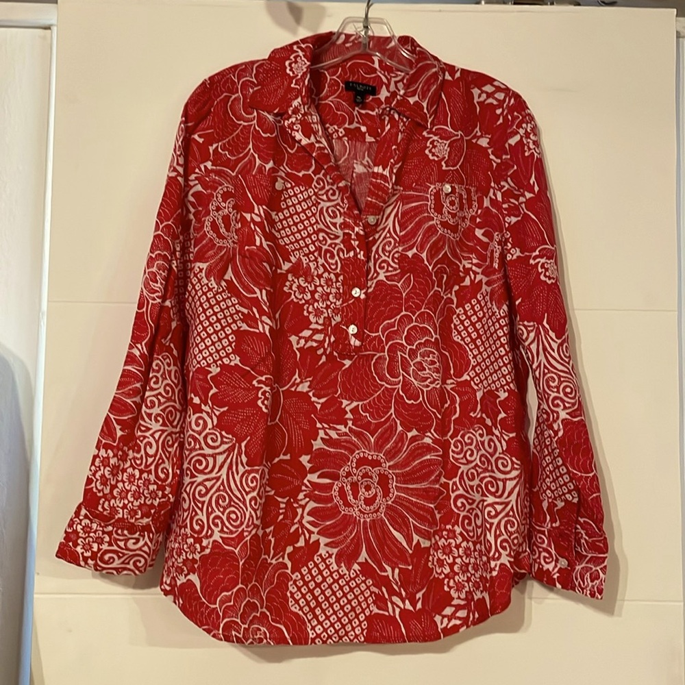 Talbots Red & White Long Sleeve Popover Top, 100% Linen, Size Medium Petite